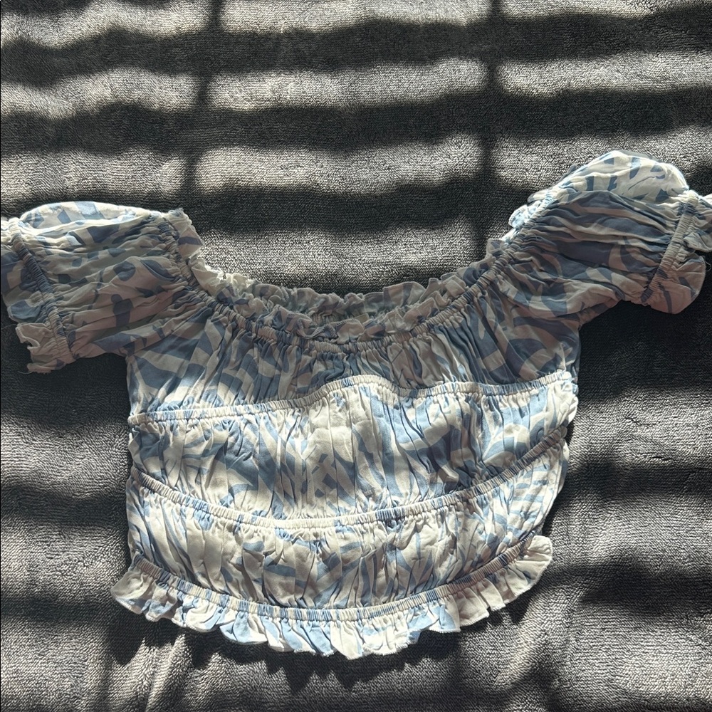 Blue and White Women's Off-Shoulder Top
